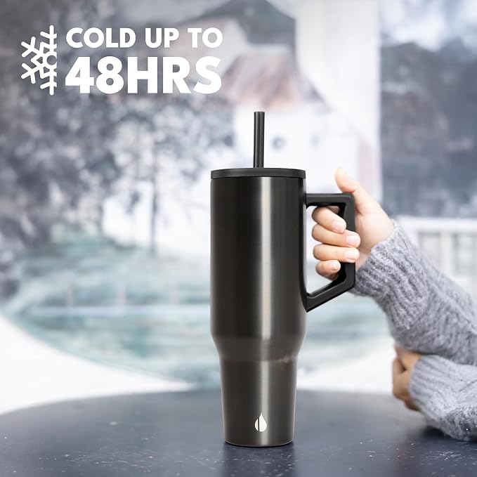 Elemental Spill Proof 40oz Insulated Tumbler with Handle & Straw Travel Mug | Stainless Steel Commuter Travel Coffee Mug for Cold Beverages, Includes 2 Straws & a Spill Proof Lid for Everyday Use