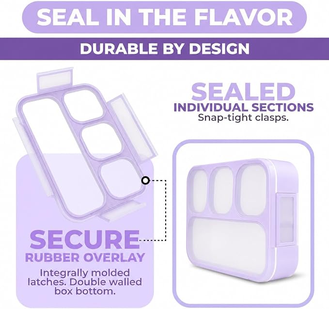 kinsho Bento Lunch Box for Kids Women Adults Girls School Work | Snack Containers for Toddlers Tweens | 4 Divided Sections for Portion Control includes Utensils BPA Free | Purple