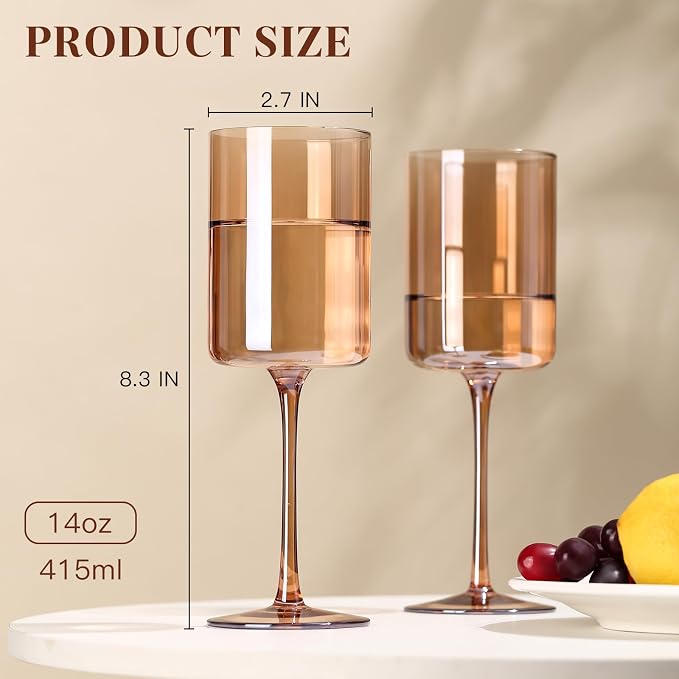 Amber Wine Glasses Set of 6 - 14oz Hand Blown Square Colored With Tall Long Stems, Modern Set for All Occasions