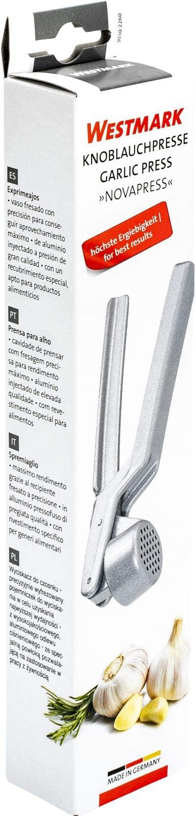 Westmark Garlic Press “Novapress” – German Heavy-Duty Garlic Crusher & Mincer, Rust Proof Mincer Tool, Easy Squeeze Ergonomic Hand Press, Ginger Presser with Durable Aluminium Metal Construction