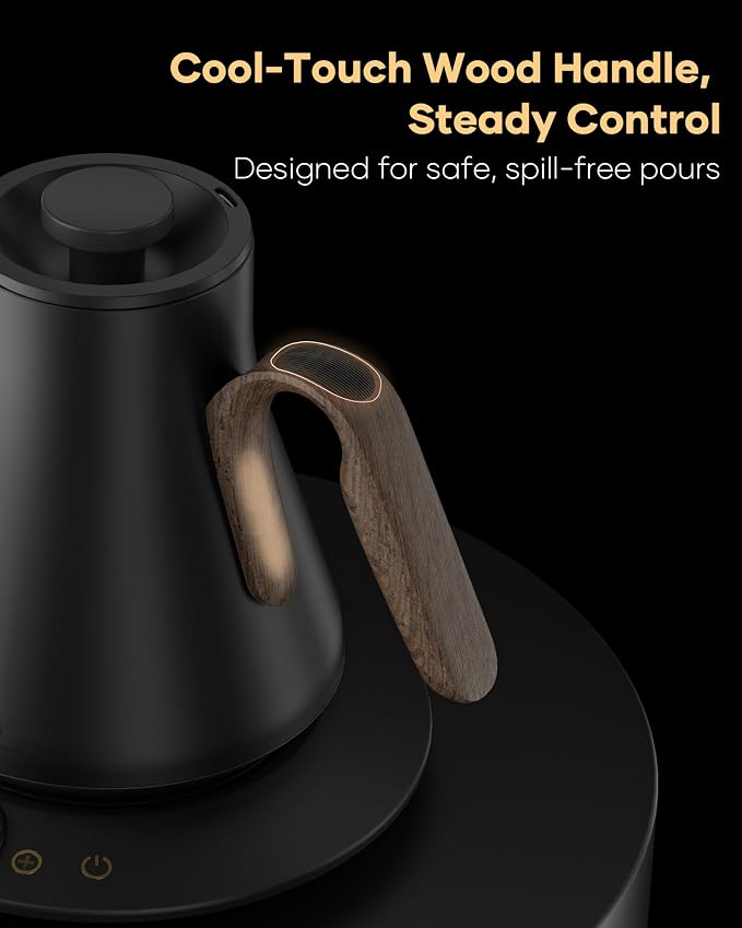 Cocinare Gooseneck Electric Kettle, ±1°F Precise Temperature Control, 1500W Fast Heating, Pour Over Coffee & Tea Kettle with Brew Timer & Keep Warm, Stainless Steel, 0.9L (Goya Walnut)