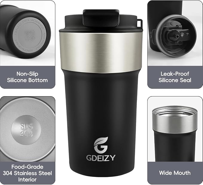 Insulated Travel Coffee Mug, 17oz Stainless Steel Leakproof Flip Straw Cup | Double Wall Vacuum Insulated, BPA-Free Material, Reusable Tumbler for Hot & Cold Drinks, Classic Black, Fits Car Cup Holders
