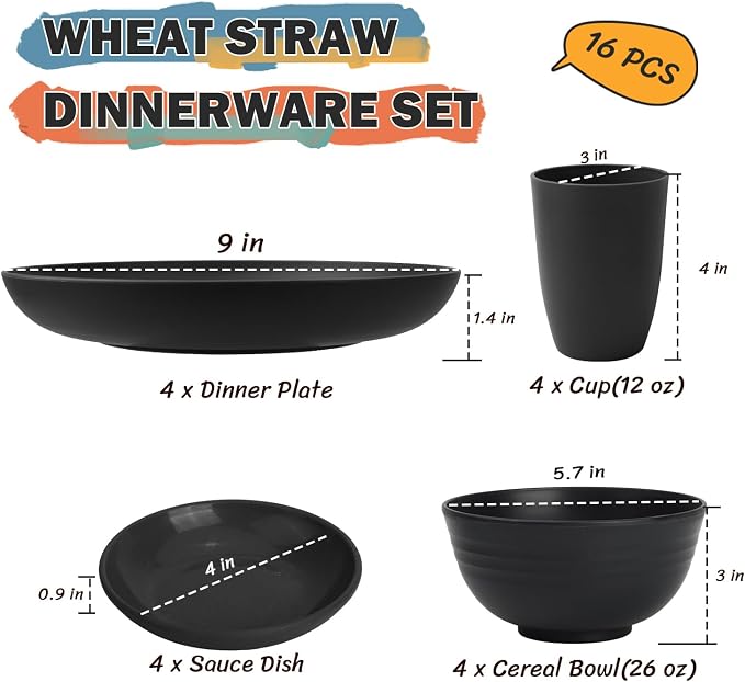 Wheat Straw Dinnerware Sets 16 PCS, Unbreakable Kids Plates and Bowls for 4-9 IN Plates, 26 OZ Cereal Bowls, 2 OZ Dipping Bowl, 12 OZ Cups, Dishwasher & Microwave Safe Plate Set - Black