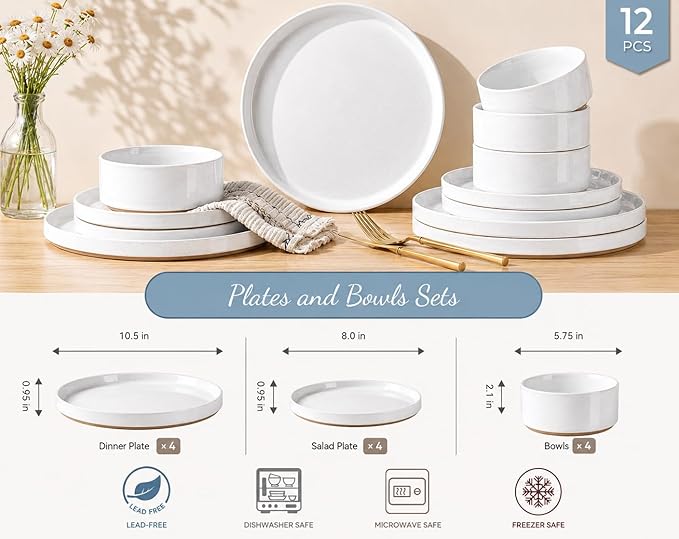 AmorArc Stoneware Dinnerware Sets for 4,12Pcs Plates and Bowls Set | Handmade Ceramic Dish Set,Dishwasher & Microwave Safe,Scratch Resistant-White