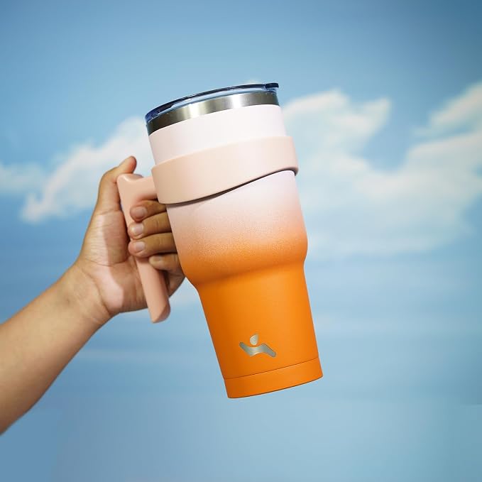 Konokyo 30 oz Tumbler with Handle and Straw, Insulated Travel Mug | Coral; BPA-free, leak-proof tumbler with 2 lids, 2 straws, cup holder fit for coffee, office, travel & daily use