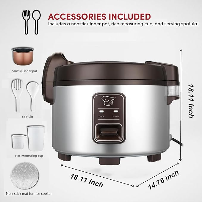 15.8QT Large Commercial rice cooker & warmer 84 cups cooked rice, One-Touch | Commercial Electiric Rice Warmer for 60-70 people, 32 cups uncooked rice, Non-stick mat, Non-stick inner pot, Auto Keep Warm