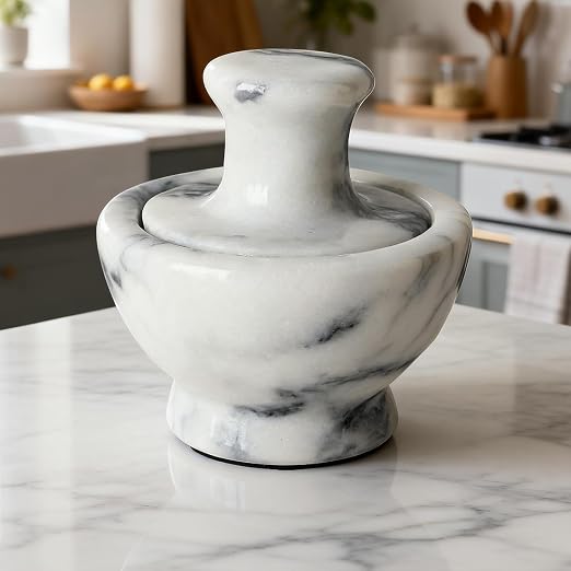 Marble Mortar and Pestle Set for Grinding Herbs Spice Pills Seeds Guacamole Garlic and Ginger Stone Grinder Seasoning Crusher Elegant and Cute Kitchen Tools (White)