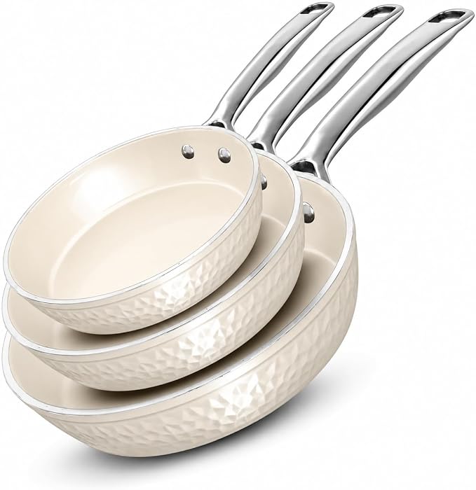 GOTHAM STEEL Hammered 3 Pc Nonstick Frying Pans Set, Navy Gold | 8, 10, 12" Fry Pans, Heavy Duty 3.0MM Gauge, Non Toxic PFOA/PFOS/PTFE Free, Induction Compatible, Oven & Dishwasher Safe