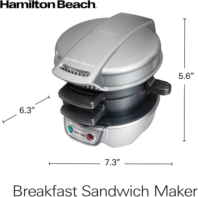 Hamilton Beach Breakfast Sandwich Maker with Egg Cooker Ring | Perfect for English Muffins, Croissants, Mini Waffles | Customizable & Fast | PFAS-Free | Silver | 25475MN