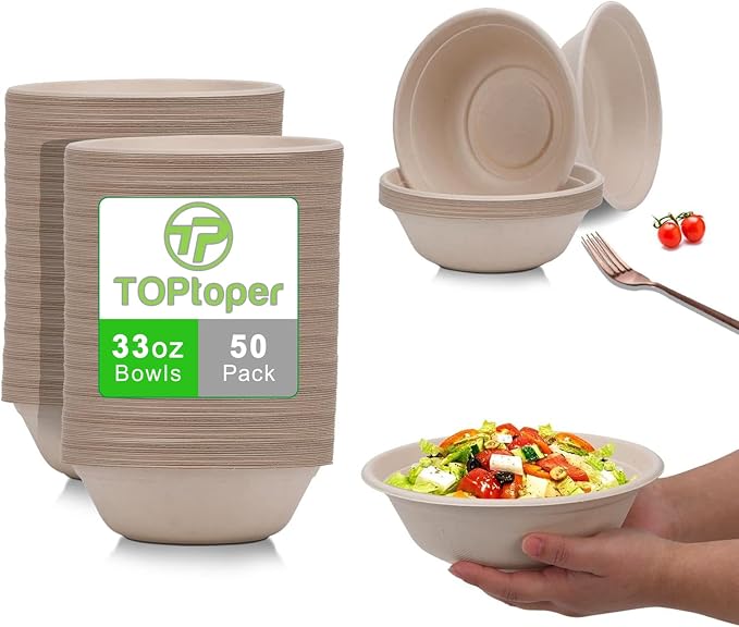 TOPtoper 33Oz 50Pack Large Paper Bowls, Disposable Bowls Bulk Leakproof and Microwave Safe for Hot or Cold Use (33 OZ)