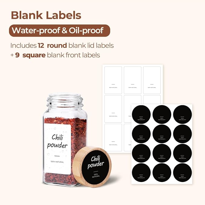 ComSaf Glass Spice Jars with with Labels 4 oz 6 Pack Small Bamboo Lids | Empty Containers, Seasoning Herb Powder, Salt Pepper Chili, Spice Rack Organization, Kitchen Cabinet Storage, Funnel Included