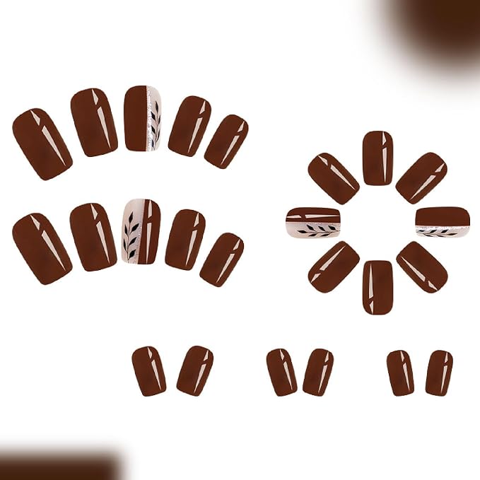 Fall Press on Nails Medium Square Fake Nails with Leaves Glitter Designs Nails Press ons Brown Artificial Nails Autumn Stick on Nails for Women 24 Pcs