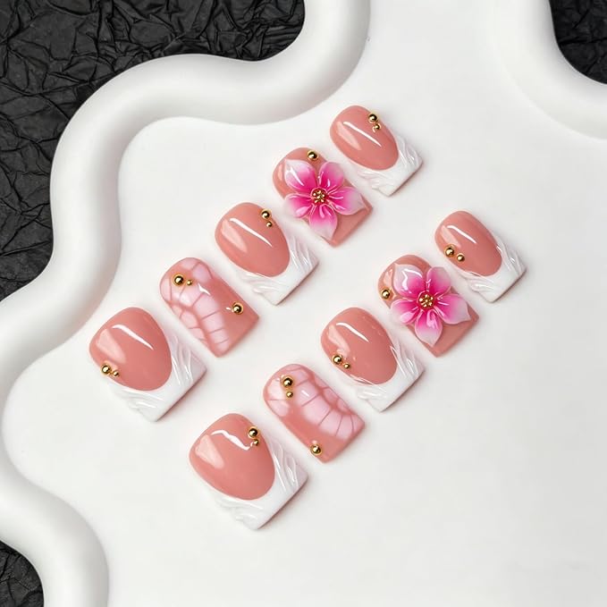 Press on Nails Handmade 3D Pink White Gradient Flower False Nails Short Square Fake Nail Glossy White French Tip Elegant Floral Style Thick Acrylic Nail Salon Quality Stick on Nails for Women (L)
