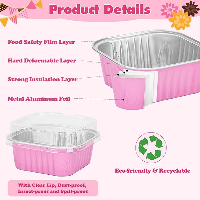 selizo 60 Pack 10oz Mini Disposable Cake Pans with Lids, Aluminum Foil Square Baking Cups, 4.4x4.4 Large Baking Cake Tins Cup Cake Containers with Lids for Thanksgiving Individual Cakes