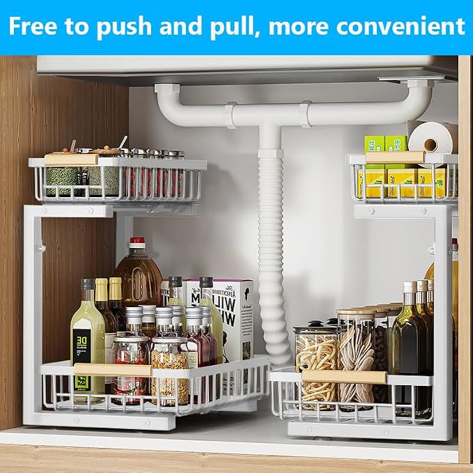 Merrylun Under Sink Organizers,5 Adjustable Height，Metal Pull Out Under Sink Organizers and Storage Shelves with Sliding Drawer, White 1pack（Hight 13.6″-16.9″）