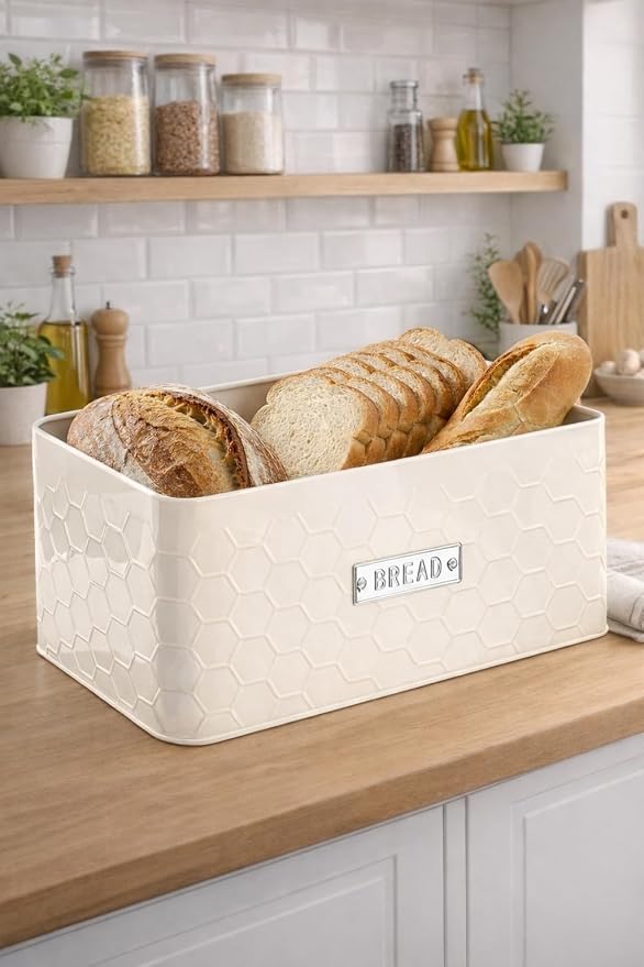 Bread Box for Countertop, Small Cream White Metal Bin, Bamboo Lid | Small farmhouse bread storage container and bread bin with cutting board lid for homemade bread and baked goods organization.
