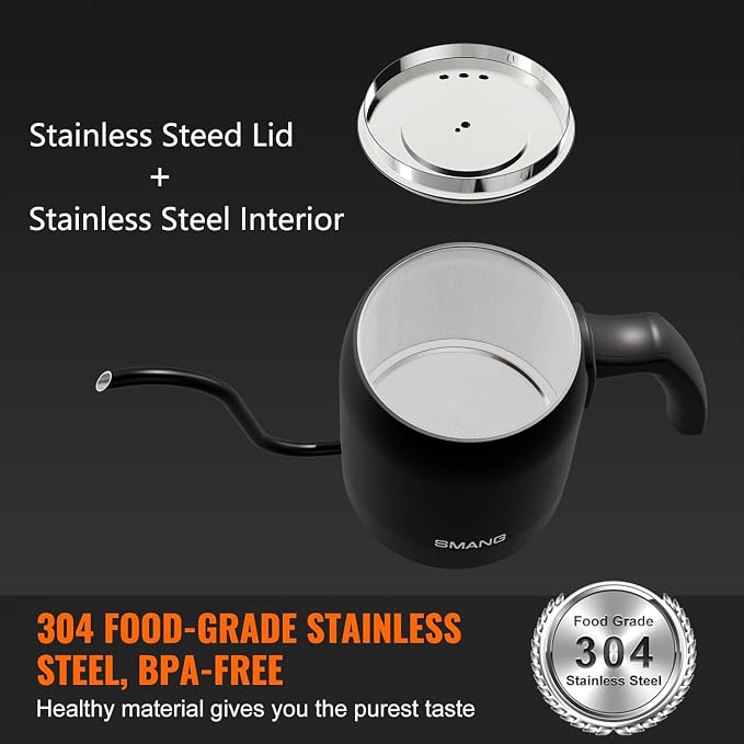 Gooseneck Electric Kettle with ±1℉ Temperature Control & Keep Warm for Pour Over Coffee & Tea, Rapid Boil, 304 Stainless Steel, Built-in Brew Timer, 900W 0.6L (600 ML)