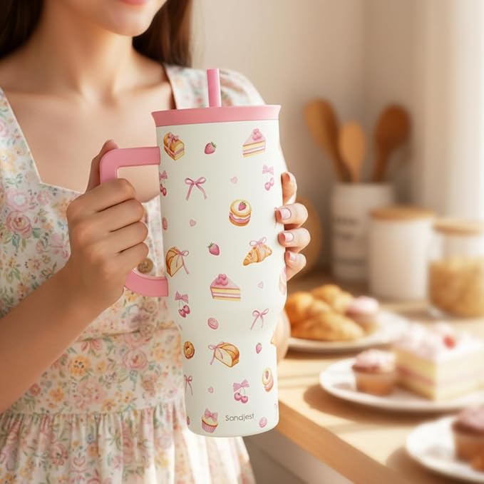 SANDJEST Dessert 40oz Tumbler with Handle and Straw, Insulated Stainless Steel Travel Coffee Mug for Women Girls, Gift Idea for Birthday Christmas Mothers Day
