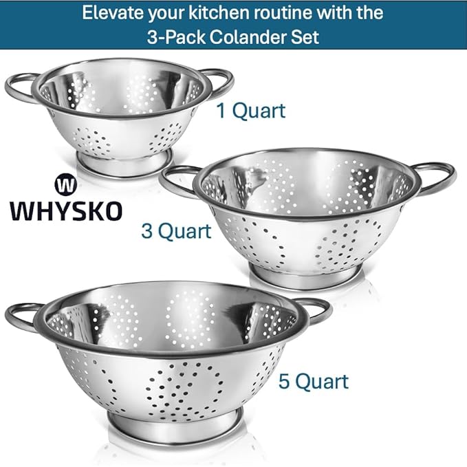 3-Pack Stainless Steel Colander Set, 5, 3 & 1 Qt with Handles | Durable Metal Kitchen Strainers Set with Heat Resistant Handles for Pasta and More, Rustproof and Dishwasher Safe
