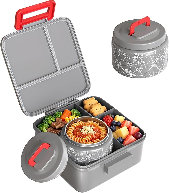 Bento Lunch Box for Kids with 8oz Thermo Containers for School,Camping | Vacuum Insulated Food Jar,Leakproof Silicone-Seal,5 Compartments with Dividers,Dishwasher & Refrigerator Safe,BPA-Free