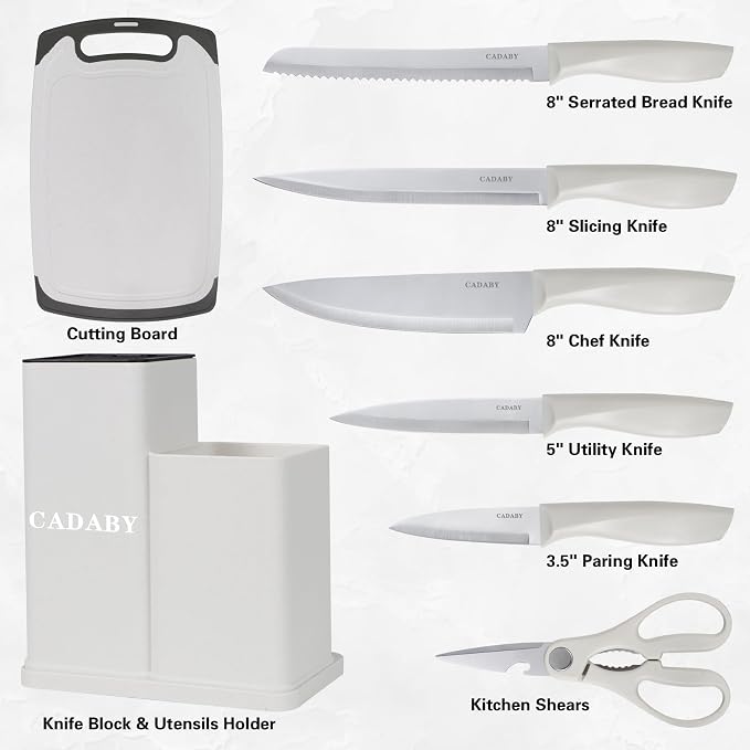 19PCS White Kitchen Cooking Utensils Set Kitchen Tools Set | 6 Stainless Steel Knives, 11 Silicone Utensils with 1 Cutting Board, Ideal for Apartment
