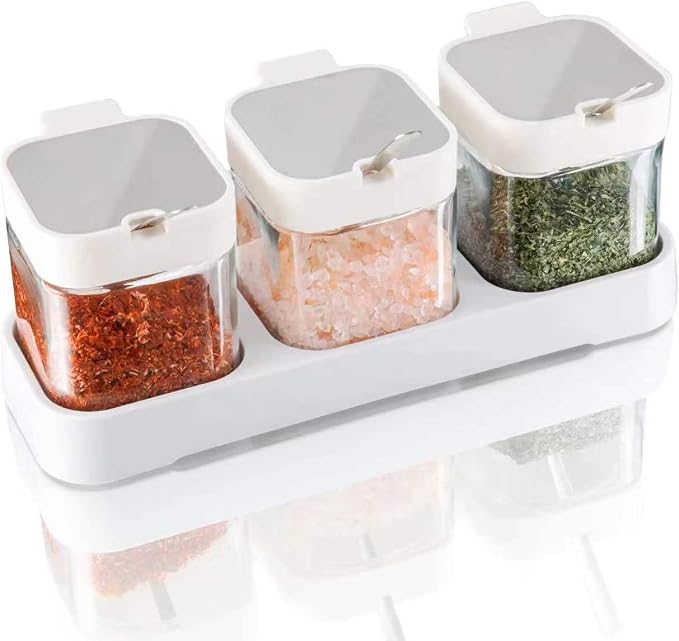 Mlici 3Pcs 8.6oz Glass Condiment Container Jars with Lids and Spoons, White | Clear Salt Sugar Container Set, Seasoning Jars with Spoons, Spice Jars Boxes for Kitchen Counter Organizer, Housewarming Gift