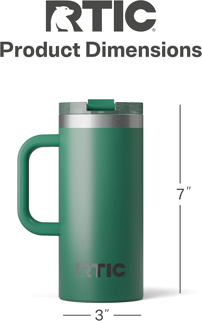 RTIC 16oz Road Trip Travel Mug with Lid and Handle, Ceramic Lined, Insulated, Stainless Steel, Metal, Double Wall Vacuum-Insulation, Portable Coffee, Tea Cup for Hot and Cold Drink, Pine Tree