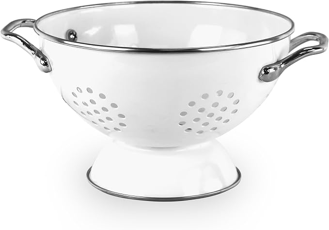 Reston Lloyd, 1.5 Quart Powder Coated Steel Kitchen Strainer Basket for draining Pasta, Vegetable and Fruit, Chrome Handles and Wide Stable Base, White