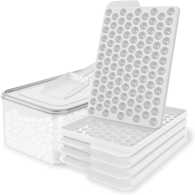 Mini Ice Cube Trays for Freezer with Lid, 0.55" Pebble Ice | 4 Trays-White, with Ice Box & Scoop. for Coffee, Bottle, Juice & Drinks, Easy Twist Release, Stackable