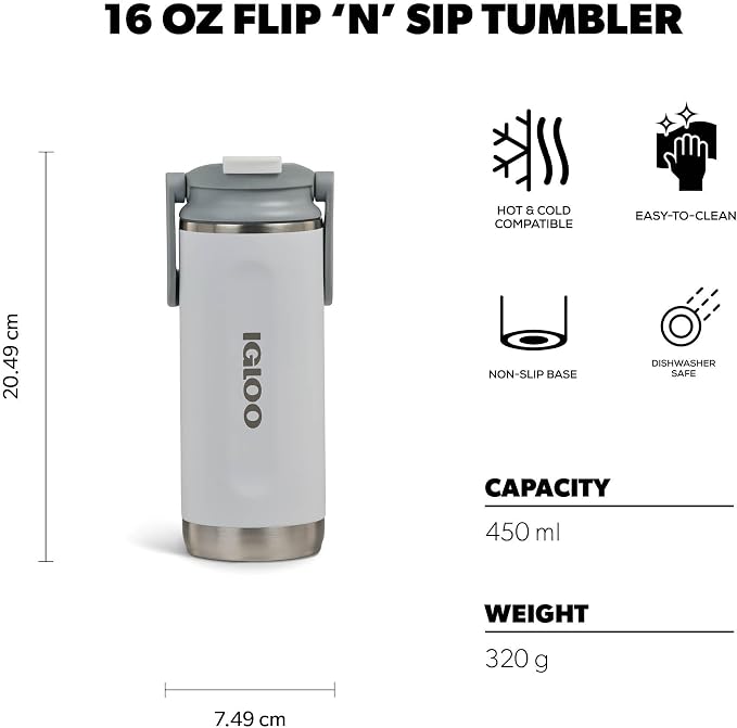 Igloo, 16 oz FlipNSip Tumbler, Reusable Travel Mug, Stainless Steel Insulated Hydration Cup for Hot & Cold Beverages, White
