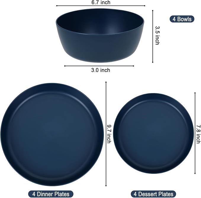 EjonirInjonir 12pcs Unbreakable Blue Dishes Set for Camping, Wheat Straw | Eco-Friendly, Reusable Wheat Straw Dinnerware Sets with Deep Wheat Straw Plates for Outdoor Family Picnic and RV Dining