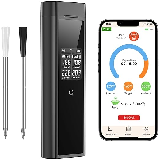Smart Wireless Meat Thermometer, Dual Probes, Bluetooth App, IP67 BBQ Grill | Real-time temperature tracking and smart alerts for grilling, smoking, roasting and oven cooking.