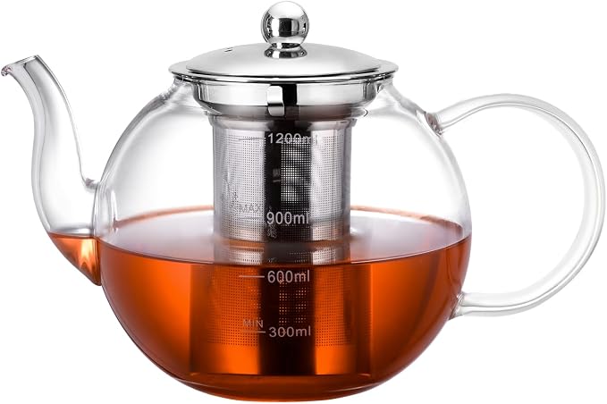 Glass Teapot, Zpose 40oz/1200ml Tea Pot with Removable Stainless Steel Infuser, Clear Glass Tea Kettle with Scale Line, Stovetop Safe Teapot for Blooming Tea & Loose Leaf Tea, Gift Box for Tea Maker