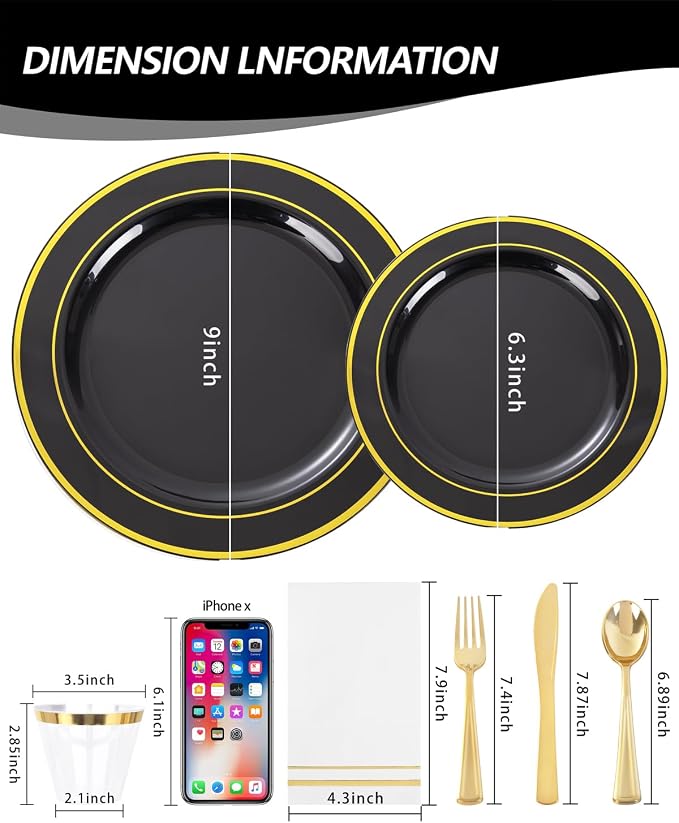 GATHER 350PCS Black Plastic Plates with Gold Rim for Wedding Party | Black and Gold Disposable Dinnerware Set include 100 Plates, 150 Silverware, 50 Napkins, 50 Cups for Birthday Retirement