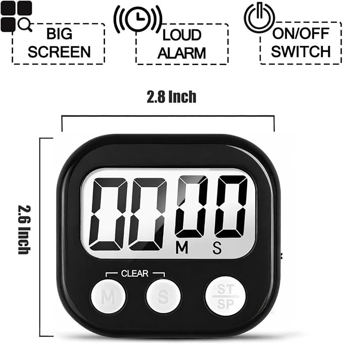2 Pack Digital Kitchen Timer for Cooking Big Digits Loud Alarm Magnetic Backing Stand Cooking Timers for Baking Black
