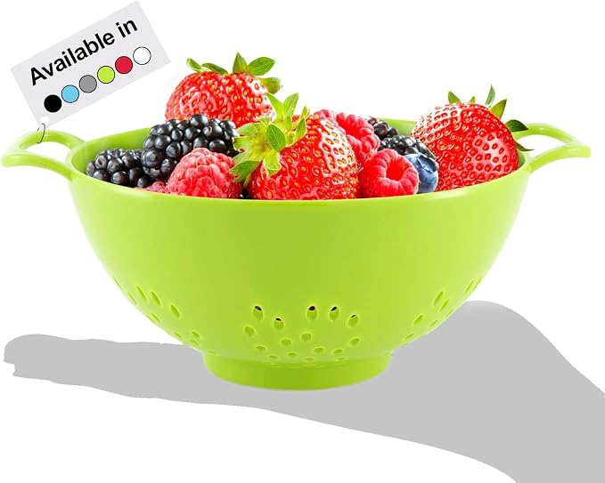 Meadow Lane 6-Inch Small Colander, 3-Cup Food Strainer, Meadow Green | BPA-free, dishwasher-safe mini colander has a wide, shallow bowl, 1/8-inch holes, two handles, ring foot and smooth edges.