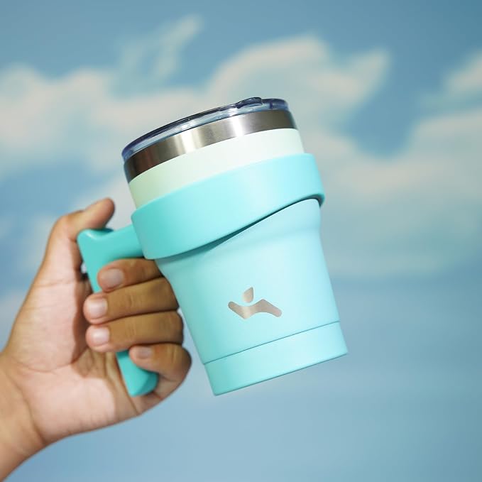 Konokyo 10 oz Tumbler with Handle and Straw, Insulated Travel Mug | Mint; BPA-free, leak-proof tumbler with 2 lids, 2 straws, cup holder fit for coffee, office, travel & daily use