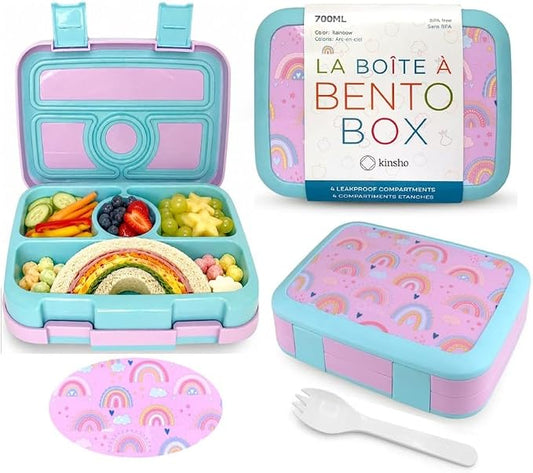 kinsho Kids Bento Lunch Box, Reusable Meal and Snack Container, Lunch Boxes for Small Girls & Toddlers Lunches, 4 Compartment - School, Daycare, Drop-Proof BPA Free, Purple Rainbow
