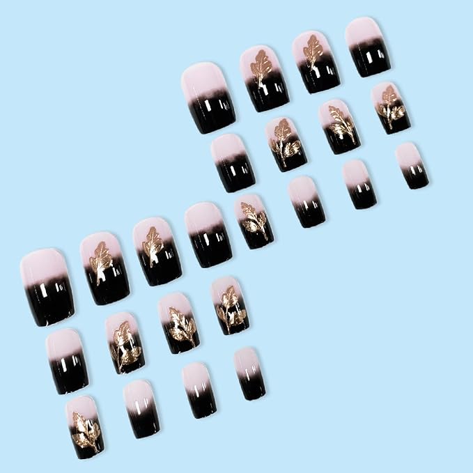 24 Pcs Fall Press on Nails Medium Square Fake Nails with Leaves Designs Nails Press ons Black Pink Gold Acrylic Nails Glossy Stick on Nails for Women