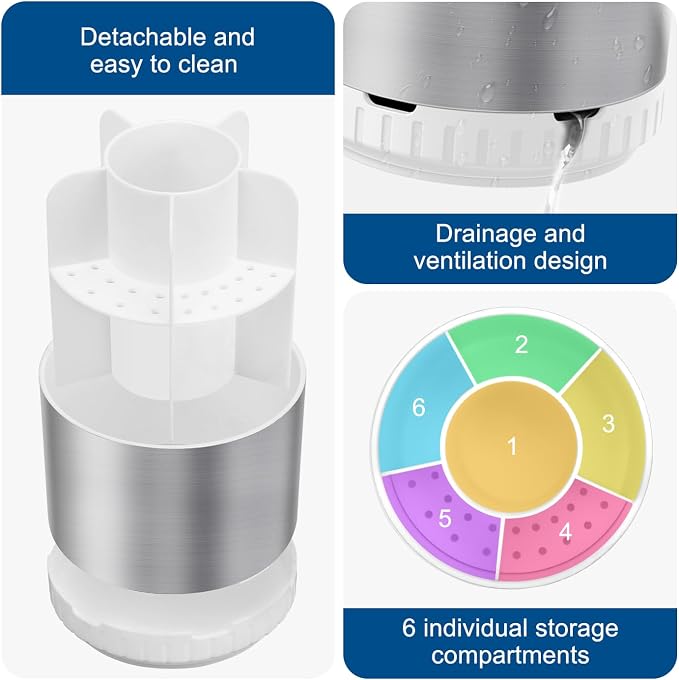 GFWARE Rotating Silver Toothbrush Holder for Bathroom Organizer, Drainage | Detachable 6 Slots Kids Electric Toothbrush and Toothpaste Holder, Bathroom Countertop Sink Storage Caddy