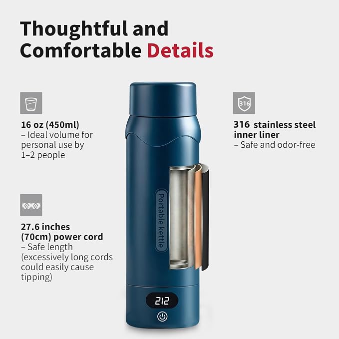 Travel Electric Kettle, Insulated Water Bottle with 4 Temp, Dark Blue | 316 Stainless Steel Liner, 400ml, Auto Shut-Off & Leak-proof, Mini Travel Essentials Portable Office Gifts for Tea Lovers