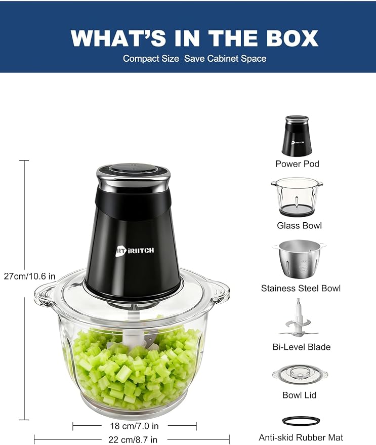 Food Processor, 500W Electric Food Chopper | 2 Bowls (10 Cup+5 Cup), 2 Bi-Level Blades, Meat Grinder