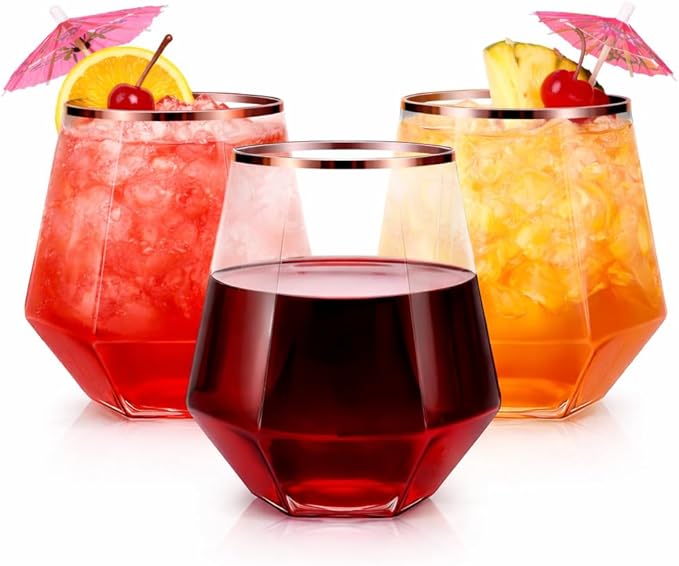 Oojami 40 Pack Disposable Wine Glasses 12 oz Diamond Stemless Plastic | Rose Gold Rim, Shatterproof Unbreakable BPA-Free Recyclable Reusable Wine Cups Wedding Parties Birthday, Champagne Cocktail