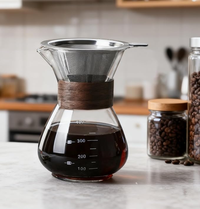 BeeCa Pour Over Coffee Maker Set, 2 Cup 400 ml/13.5 oz Carafe | Reusable Filter, Borosilicate Glass Carafe, Walnut Non-slip Collar, 2-cup Portable Brewer, BPA-free & Eco-friendly