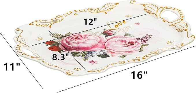 3-Pack Melamine Serving Tray, Stackable Food Tray with Handles for Eating, Unbreakable Large Serving Platter with Floral Print for Gift, Party, Decor, Home, Restaurant, 16"L x 11"W, Rectangle