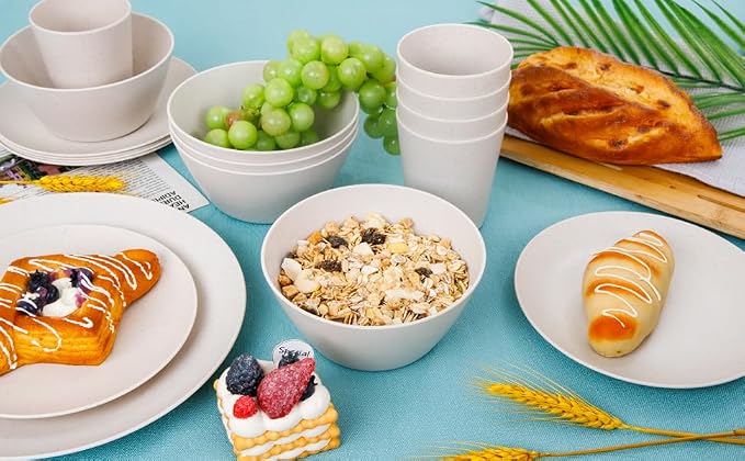32Pcs Reusable Cream Wheat Straw Dinnerware Plates and Bowls Sets | Unbreakable dishes set for 8 includes plates, bowls, cups, and napkins. Dishwasher safe for daily or outdoor use.