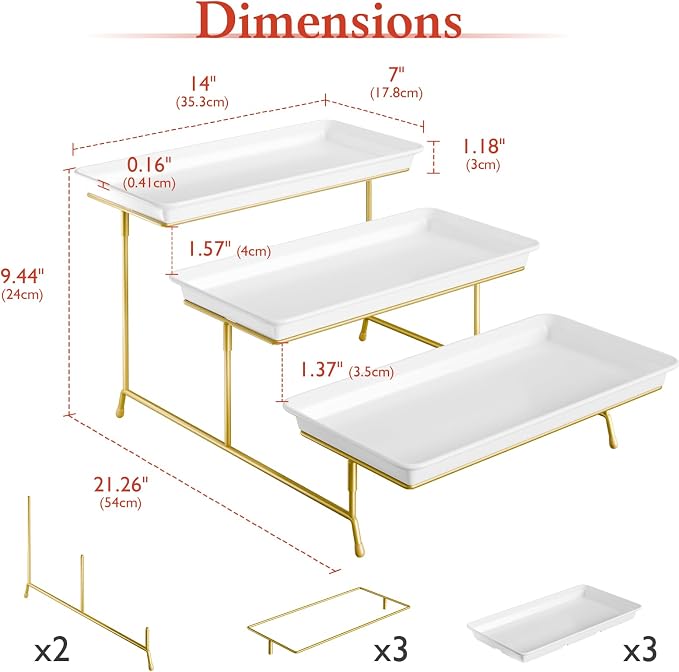 Bumusty 3-Tier Melamine Serving Tray Set, 14 x 7 in, Gold Stand | Melamine Reusable Platters with Metal Display Stand for Cupcakes, Desserts, Fruit, Cookies, Parties, Birthdays and Holidays