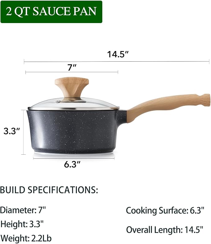 Nonstick Saucepan with Lid, 2 Quart German Greblon Ceramic Sauce Pan, Non Toxic Sauce Pot with Cover for Multipurpose Use, PTFE, PFOA & PFAS Free, Induction Compatible.