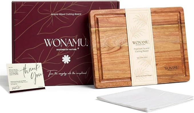 WONAMU Small Acacia Cutting Board Non Toxic, Wood Cutting Boards Gift Set | Acacia Wood Cutting Boards for Kitchen, Cotton Cloth & Gift Box Included, Housewarming Gifts New Home, Charcuterie Tray