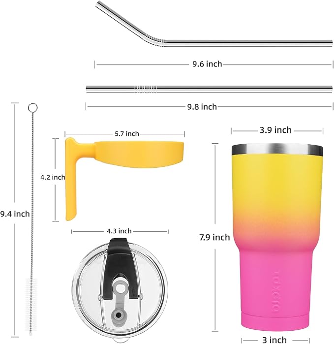 BJPKPK 30 oz Tumbler with Handle & Straw, Insulated Stainless Steel Mug | Double Wall Vacuum, Keeps Hot/Cold, Thermal Cup, BPA Free, Dishwasher Safe, Cupholder Fit, Coffee & Travel, Pink Yellow Rose